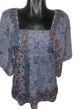 Bohemian Square-Neck Mixed Print Women’s Top In Blue And Purple Size S